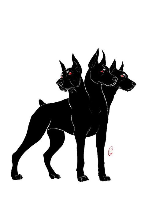 Cerebus Dog Art, Cerberus Art Drawings, Two Headed Animal Art, Cerebus Dog Drawing, Three Headed Dog Tattoo Greek Mythology, Cerberus And Hades, Cerberus Art Cute, Cerberus Line Art, Persephone And Cerberus Tattoo