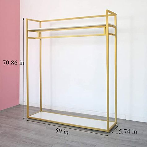 Gold Garment Rack, Clothing Store Shelves Design, Gold Clothing Rack Bedroom, In Home Boutique Setup, Boutique Set Up Ideas Spaces, Small Boutique Decor, White Clothes Rack, Clothing Rack Ideas, Ikea Clothes Rack