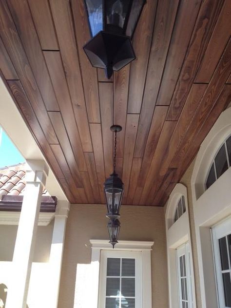 Pine Tongue And Groove Ceiling, Floor Decoration Ideas, Tounge And Groove, Groove Ceiling, Inexpensive Flooring, Modern Porch, Types Of Ceilings, Tongue And Groove Ceiling, Wood Room Divider