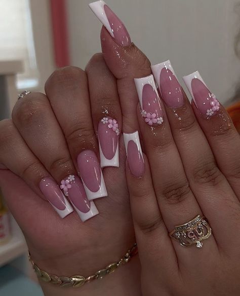 Nail Ideas With Flower Charms, Med Nails Ideas, Mexican Baddie Nails, Flower Nail French Tip, Short Acrylic Nails Square Vacation, Pink Valentines Nails Short Square, Short French Nails With Flower, Birthday Nails Flowers, Spring Nail Sets 2024