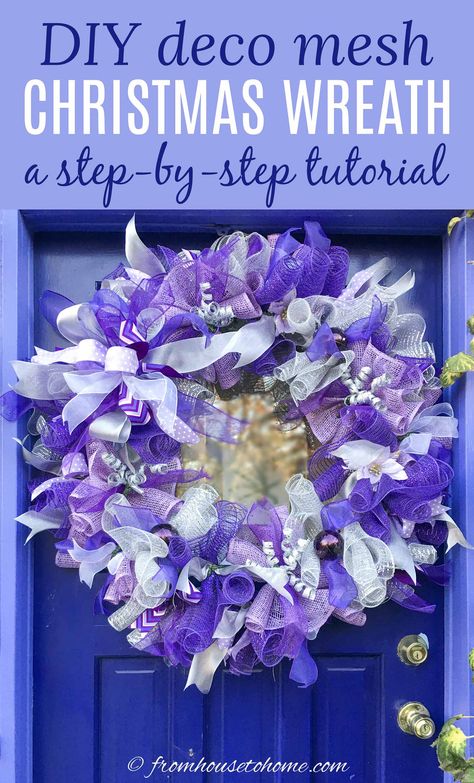 DIY purple and silver deco mesh Christmas wreath Deco Mesh Christmas Wreath, Mesh Christmas Wreath, Glam Christmas Decor, Christmas Door Decoration, Mesh Wreath Tutorial, Wire Wreath Forms, Purple Wreath, Deco Mesh Christmas Wreaths, Glam Christmas