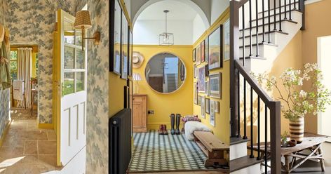 Make a bold yet stylish statement in your hallway with these 10+ yellow hallway ideas for small, narrow and large spaces. India Yellow Hallway, Yellow Hallway Ideas, Apartment Foyer Design, Yellow Entryway, Entry Hallway Ideas, Apartment Foyer, Yellow Hallway, Painted Hallway, Victorian Hallway