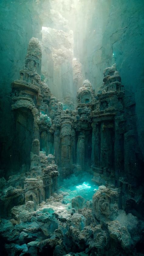 Ancient Atlantis, Underwater Ruins, Lost City Of Atlantis, Person Running, Underwater Painting, Beautiful Scenery Photography, Underwater City, Water Spirit, Fantasy Places