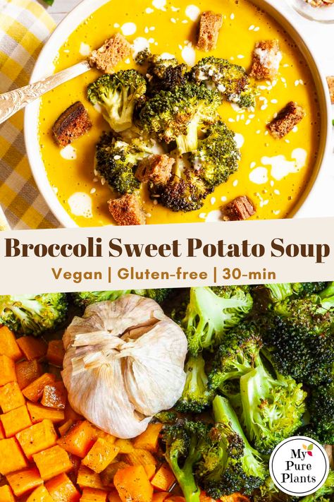 Potato And Broccoli Soup, Veggies In The Oven, Sweet Potato And Broccoli, Broccoli Sweet Potato, Potato And Broccoli, Savory Sweet Potato, Sweet Potato Soup Vegan, Broccoli Potato Soup, Sweet Potato Soup Recipes