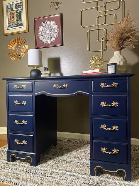 Beautiful navy blue with gold details executive desk for sale! order now on our etsy store! hurry fast because this item will not be avaible soon! https://stillalivefliprevive.etsy.com Blue Desk, Sales Desk, Executive Desk, Gold Details, Navy Blue, Etsy Store, Desk, Navy, Blue