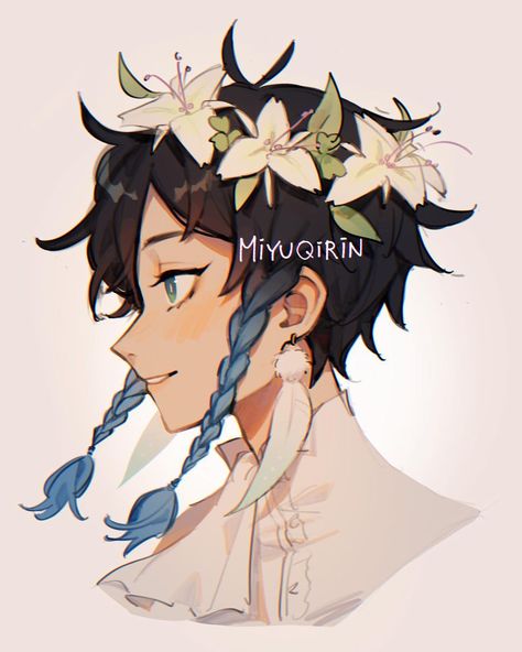 Yu雨☔️ on Instagram: “flower crown 🌷🌹🌻🌼 finally drew him with a flower crown; ive been wanting to draw this for a while >< 💖💖 i hope you like it! - #genshin…” Flower Crown Art Reference, How To Draw Flower Crown, Crown Art Reference, Flowers Crown Drawing, Flower Crown Drawing Reference, Crown Reference Drawing, Flower Crown Reference, Crown Art Drawing, Flower Crown Anime