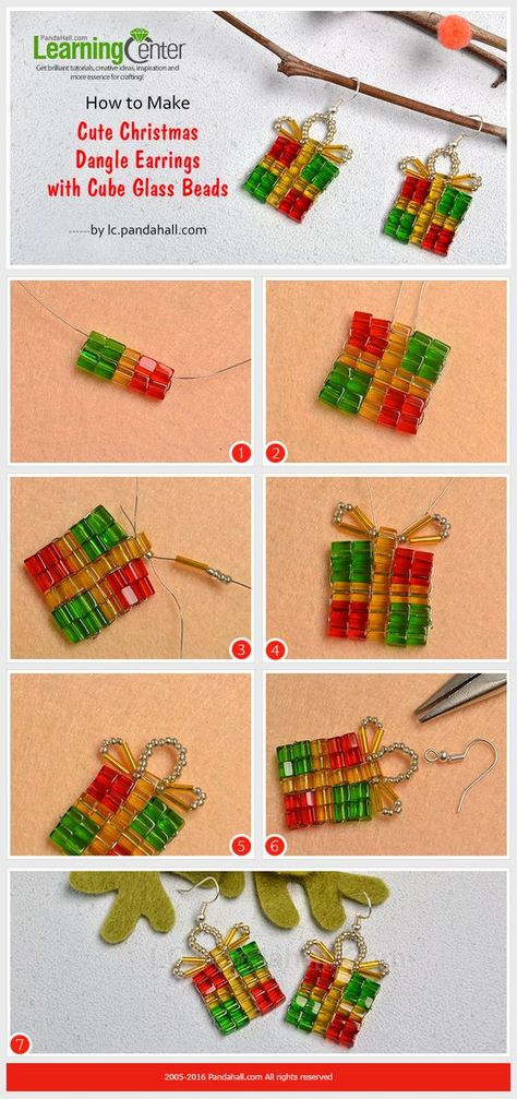 How to Make Cute Christmas Dangle Earrings with Cube Glass Beads Christmas Earrings Diy, Christmas Beaded Earrings, Christmas Jewelry Diy, Christmas Jewellery, Holiday Beading, Beaded Christmas Ornaments, Christmas Bead, Beaded Earrings Patterns, Beaded Crafts