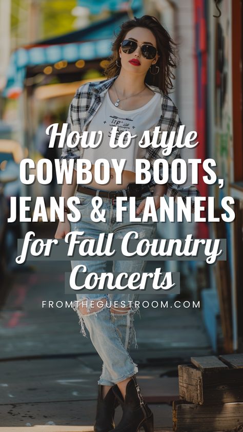 a woman wears cowboy boots, jeans and flannels for fall country concert Cowboy Boot Fashion Outfits, Jeans And Cowboy Boots Outfit Winter, Denim Shorts Cowboy Boots Outfit, Leather Shorts And Cowboy Boots Outfit, How To Wear Cowboy Boots Women Jeans, How To Wear Cowgirl Boots With Jeans, Outfits With Cowgirl Boots Winter, Country Concert Outfit With Jeans, Fall Country Concert Outfit Ideas