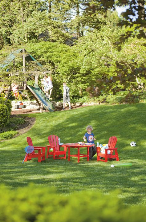 Outdoor furniture from PolyWood, made from recycled milk cartons,can handle anything life - or your little ones - may throw at it. Kids Adirondack Chair, Outdoor Hangout, Turquoise Chair, Casual Chairs, Kids Picnic Table, Kids Doll House, Kids Picnic, Kids Dining, Kids Outdoor Furniture