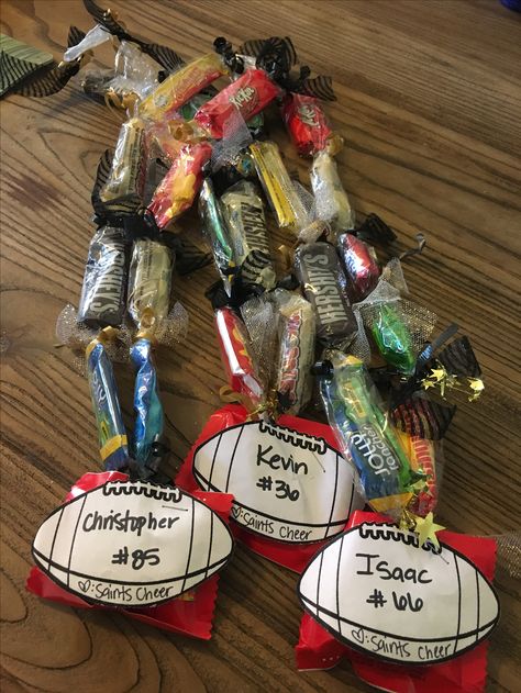 Candy leis for our football players. Pep Rally Gifts For Football Players, Treats For Football Players, Football Candy Sayings, Candy Leis For Senior Night, Football Game Snacks For Players, Football Goody Bag Ideas For Players, Football Goody Bags, Football Game Snacks, Senior Night Football