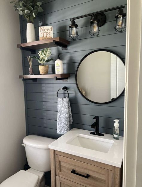 Black Half Bathroom, Small Half Bathroom, Half Bath Remodel, Half Bathroom Remodel, Half Bathroom Decor, Shiplap Bathroom, Small Space Bathroom, Bathroom Color Schemes, Christmas Bathroom Decor