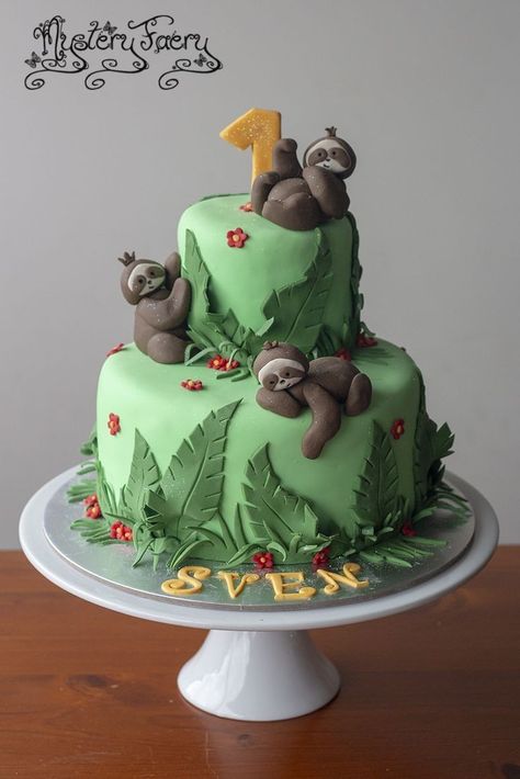 Sloth Birthday Cake Ideas, Sloth Birthday Cake, Sloth Cake, Sloth Cakes, Sloth Party, Animal Birthday Cakes, Sloth Birthday, School Cake, Jungle Cake