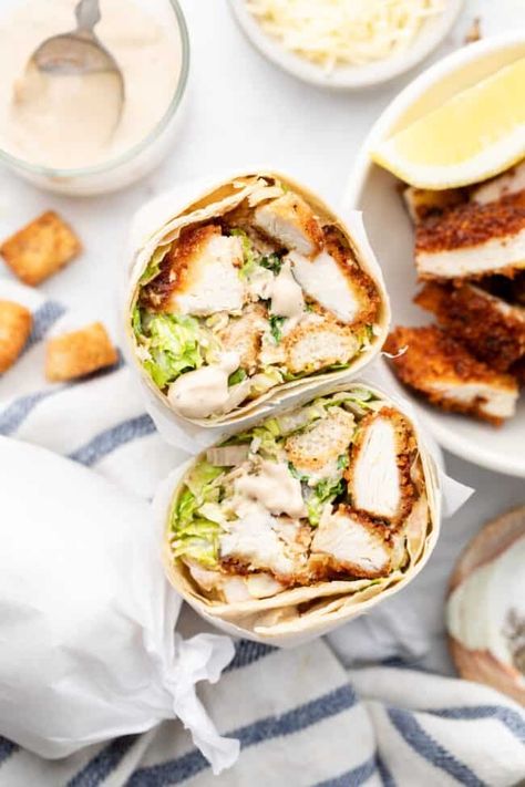 Fill up on a protein-rich, satisfying Chicken Caesar Wrap Recipe made with parmesan cheese, panko breadcrumbs, and a mouth watering homemade dressing. Caesar Chicken Wraps, Healthy Wrap Recipes, Chicken Caesar Wrap Recipe, Healthy Wrap, Erin Lives Whole, Caesar Wrap, Chicken Caesar Salad Recipe, Vegetarian Wraps, Wraps Recipes Healthy