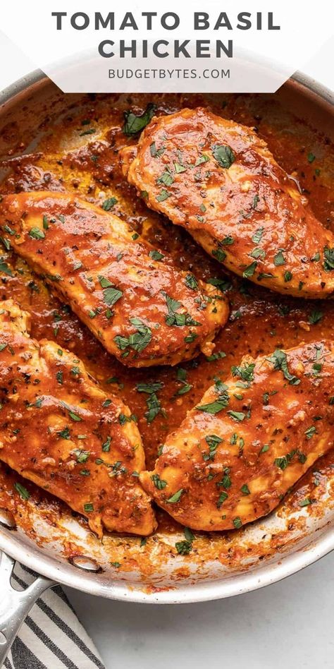 A garlicky marinade and tangy tomato pan sauce make this Tomato Basil Chicken an easy and flavorful option for dinner. Tomato Basil Marinade, Chicken Breast Tomato Sauce, Chicken Tomato Basil, Tomato Marinade, Tomato Basil Chicken Recipe, Gi Recipes, Tomato Sauce Chicken, Tomato Basil Chicken, Tomato Basil Sauce