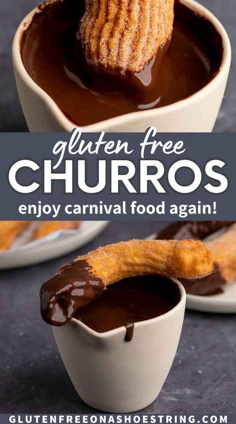 Gluten Free Churros Recipe, Gluten Free Camping, Gluten Free Churros, Churros Con Chocolate, Gluten Free Pastry, Carnival Food, Gluten Free Donuts, Gluten Free Bakery, Gluten Free Desserts Recipes