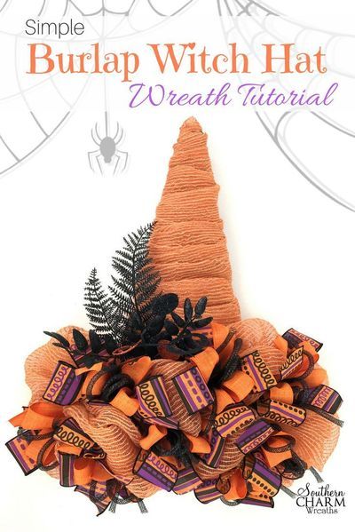 Witch Hat Wreath Tutorial, Spooky Diy Halloween Decor, Witch Hat Wreath, Hat Wreath, Halloween Crafting, Flower Projects, Sewing Hats, Witch Wreath, Hat Tutorial