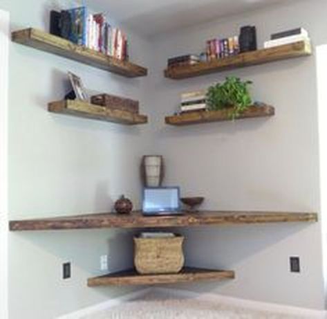 Cool 30+ Magnificient Corner Shelves Decoration Ideas Floating Corner Desk, Diy Corner Shelves, Modern Corner Desk, Diy Corner Shelf, Corner Shelf Ideas, Corner Shelf Design, Diy Computer Desk, Diy Mommy, Floating Shelves Living Room