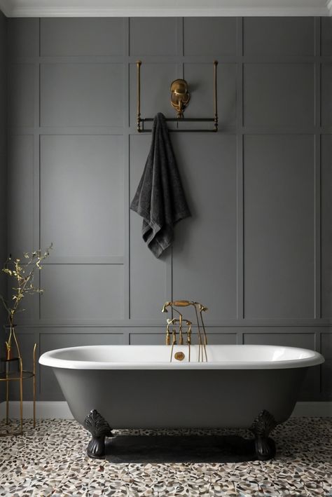 interior design,home decor,space planning,wall paint design Dark Gray Master Bath, Web Grey Sherwin Williams, Dark Gray Vanity Bathroom Paint Colors, Charcoal Gray Bathroom Cabinets, Moody Gray Bathroom, Dark Gray Bathroom Walls, Sw Web Gray, Gauntlet Gray Bathroom, Gray Bathroom Cabinets