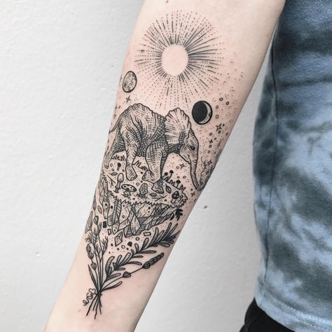 Celestial Tattoo Sleeve, Mulberry Branch, Pony Reinhardt Tattoo, Pony Reinhardt, Natur Tattoo Arm, Tufted Titmouse, Elephant Tattoo Design, Carpenter Bee, Tattoo Desings