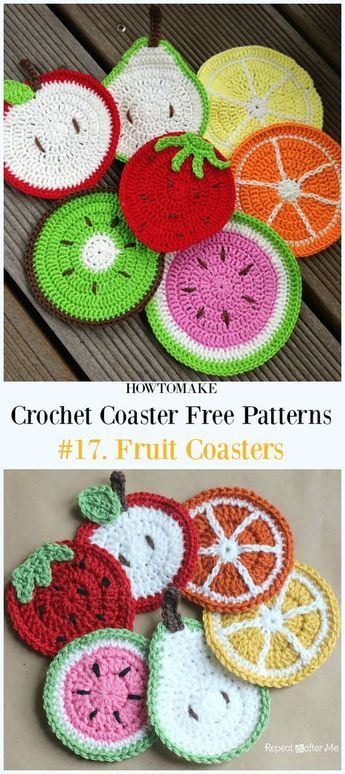 Coasters Free Pattern, Fruit Coasters, Crochet Coasters Free Pattern, Coaster Pattern, Crochet Fruit, Crochet Coaster Pattern, Crochet Coaster, Pola Amigurumi, Crochet Food