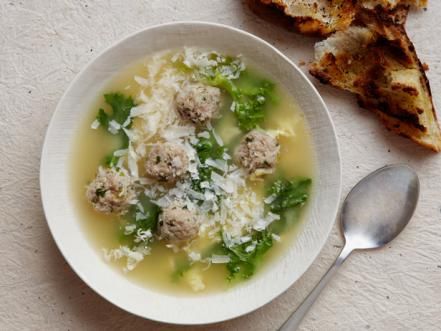 Food Network Star mentors Bobby and Giada prove their superstardom with these tried-and-true recipes. Wedding Recipes, Beef And Pork Meatballs, Italian Wedding Soup Recipe, Pork Salad, Recipes Italian, Pasta Fagioli, Pork Meatballs, Food Wedding, Wedding Soup