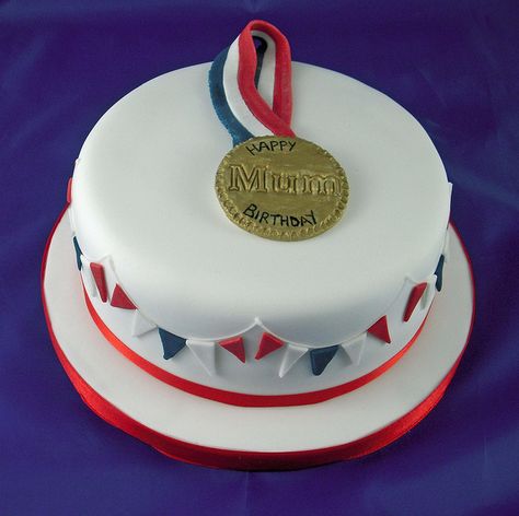 Gold Medal Medal Cake Ideas, Gold Medal Cake, Running Cake, Bunting Cake, 12th Birthday Cake, Homemade Lemon Curd, Buttercream Cake Designs, Blue Bunting, Galaxy Cake