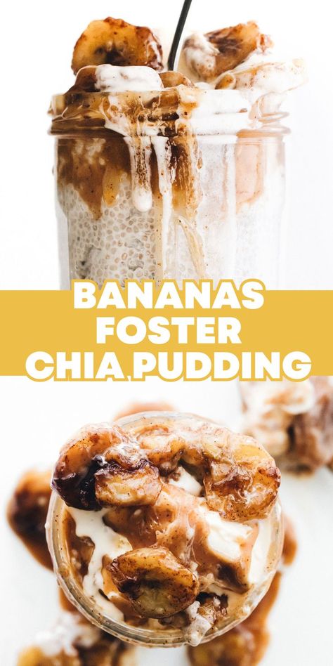 Bananas Foster Chia Pudding with layers of creamy chia seed pudding, the easiest caramel sauce, caramelized cinnamon bananas, and dairy-free ice cream! Banana Chia Seed Pudding, Dairy Free Vanilla Ice Cream, Cinnamon Bananas, Banana Recipes Easy, Banana Foster, Banana Chia Pudding, Chia Recipe, Easy Vegan Dessert, Dairy Free Ice Cream