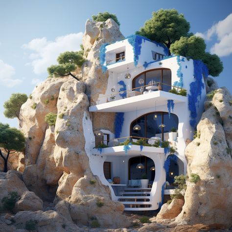 Modern houses on the cliffs in the Greek style Modern Greek House, Greek Houses Exterior, Zoo Building, Greek Homes, Greek Buildings, Greek Architecture, Greek House, House Yard, Building Concept