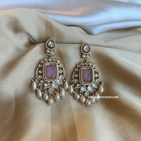 Kundan Jeweled Dangle Earrings, Pink Kundan Earrings, Pink Kundan Dangle Jewelry, Bohemian Kundan Dangle Earrings, Pink Dangle Kundan Earrings, American Diamond Necklaces, Oxidized Necklace, Types Of Earrings, Western Earrings