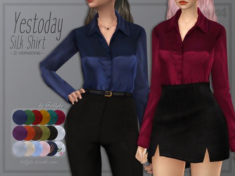 Female version of my Touch Male Silk Shirt (Link in Recommended tab). It comes in two versions: a tucked-in one, which is perfect for high-waisted bottoms and skirts, and an untucked one.  Found in... The Sims 4 Pc, Sims 4 Teen, Sims 4 Dresses, Sims 4 Characters, Sims 4 Mm, The Sims 4 Download, Sims4 Clothes, Sims Four, Sims 4 Cc Packs