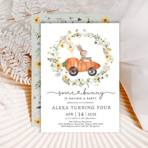 Wildflower Bunny Carrot Car Easter Birthday Party Invitation Easter Birthday Invitations, Easter Birthday Party, Bunny Invitations, Bunny Carrot, Easter Invitations, Wildflower Wreath, Spring Birthday, 2nd Birthday Invitations, Bunny Birthday