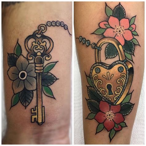 Heart Lock and Skeleton Key Couple Tattoos | Tattoo Ideas and Inspiration Lock Tattoo Traditional, Traditional Lock And Key Tattoo, American Traditional Key Tattoo, Matching Key Tattoos, Key Tattoo Traditional, Key Heart Tattoo, Lock And Key Tattoo Couple, Locked Heart Tattoo, Heart Lock And Key Tattoo