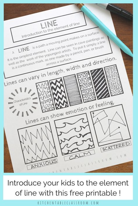 Line in art is an fun and easy place to start teaching art for kids.Teach the element of line & all the elements of art with this series of free printables. Line In Art, Element Of Line, Line Art Projects, Elements Of Art Line, Line Art Lesson, The Elements Of Art, Art Handouts, Types Of Lines, Art Theory