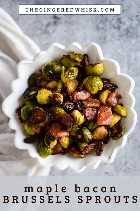 Maple bacon brussels sprouts are an easy side dish that are sweet, salty, and utter perfection. These roasted brussel sprouts get caramelized and are almost like candy thanks to the bacon, maple syrup and roasted pecans! Candy With Pecans, Roasted Whole Carrots, Maple Brussel Sprouts, Caramelized Brussel Sprouts, Bacon Maple Syrup, Maple Bacon Brussel Sprouts, Bacon Brussels Sprouts, Sprouting Sweet Potatoes, Shaved Brussel Sprouts