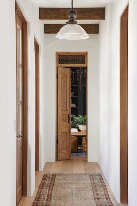 Mediterranean Hallway With Exposed Beams and Transom Door Spanish Revival Exterior, Spanish Revival Interior, Spanish Revival Style, Calabasas Homes, Spanish Interior, Ranch Remodel, Colonial Style Homes, Spanish Architecture, White Oak Floors