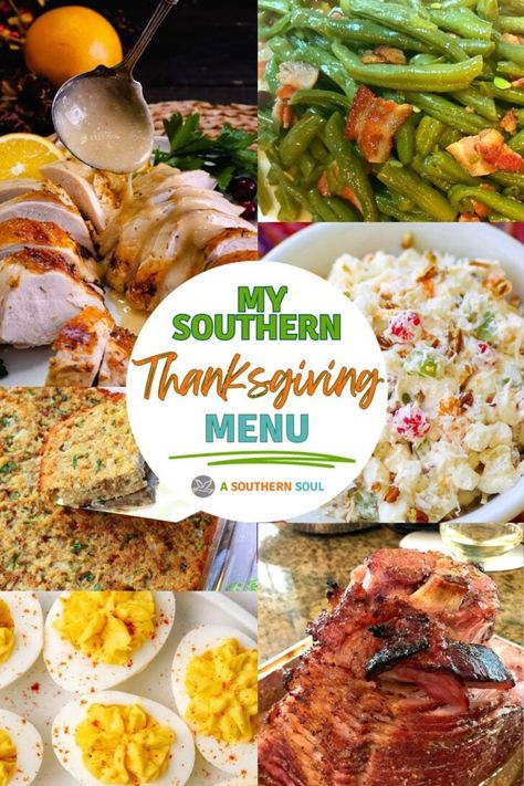 Thanksgiving Menu List, Southern Green Bean Recipes, Classic Thanksgiving Menu, Traditional Thanksgiving Recipes, Cornbread Dressing Southern, Southern Thanksgiving Menu, Southern Thanksgiving, Traditional Thanksgiving Menu, Southern Cornbread