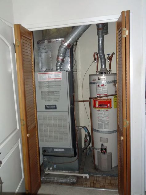 Goodbye Furnace & Water Heater - Hello Mudroom Closet – Welsh Design Studio Furnace Closet Ideas, Water Heater Closet Door, Hot Water Heater Closet Doors, Hot Water Tank Closet, Cover Furnace And Water Heater, Hot Water Heater Closet Storage, How To Hide Hot Water Heater And Furnace, Water Heater And Furnace Cover Ideas, Hide Hvac Unit Indoors