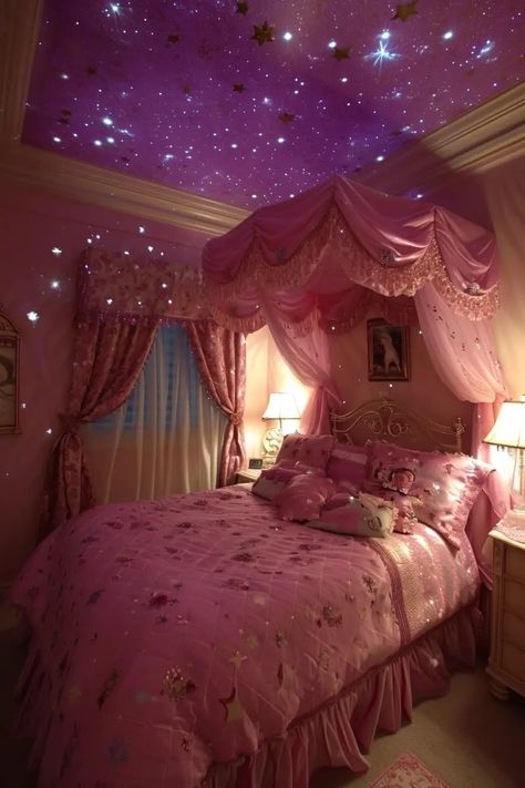 Starry Night Ceiling in a fairy bedroom Starry Night Ceiling, Y2k Bedroom Aesthetic, 80’s Bedroom, Night Ceiling, Swiftie Bedroom, Fairy Bedroom Ideas, Iridescent Aesthetic, Calm Place, Iridescent Tile