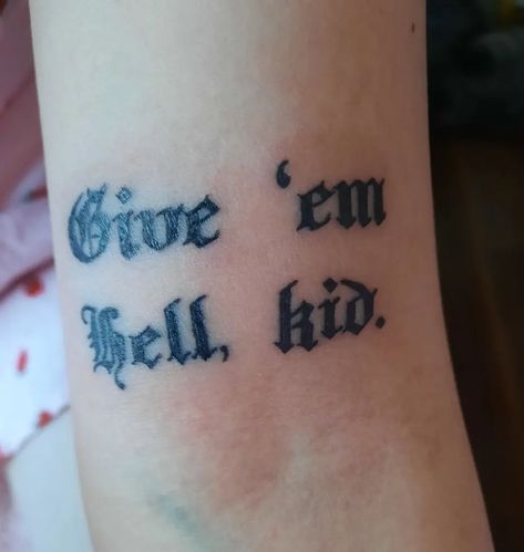 Metal Lyrics Tattoo, Give Em Hell Tattoo, Emo Lyric Tattoos, Mcr Tattoo Ideas, Falling In Reverse Tattoos, Tattoo Ideas To Cover Scars, My Chemical Romance Tattoo, Green Day Tattoo, Band Tattoo Ideas