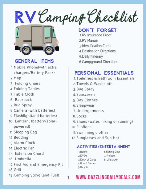 Packing List For Camper Trailer, Camping Checklist Family Camper, Camper Camping Checklist, Camper List Rv Checklist, Motorhome Packing List, Rv Camping Packing List, Rv Packing Checklist, Camper List Checklist, Camper Set Up Checklist