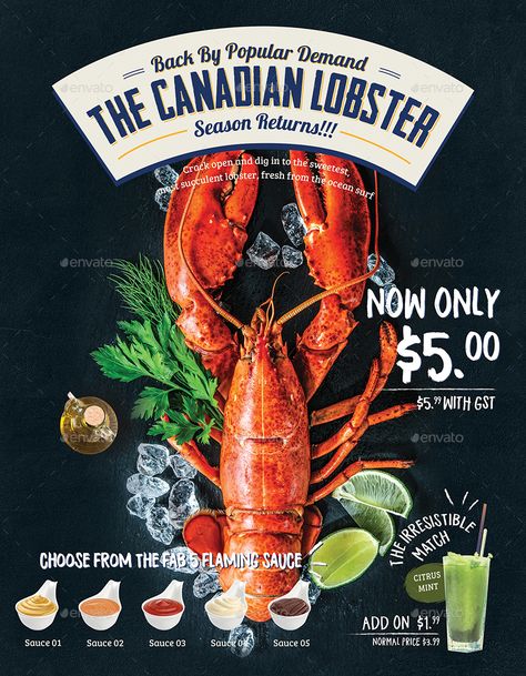 Seafood Poster / Flyer Menu Template Preview - GraphicRiver Grocery Store Flyers, Lobster Menu, Lobster Restaurant, Seafood Bar, Restaurant Advertising, Restaurant Ad, Seafood Menu, Food Promotion, Restaurant Social Media