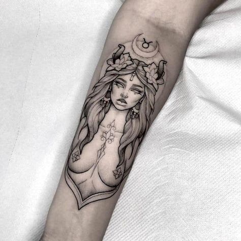 Taurus Pinup Tattoo, Astrology Goddess Tattoo, Taurus Tattoo Goddess, Bull Taurus Tattoo For Women, Earthy Taurus Tattoo, Taurus Warrior Tattoo, Tarot Card Tattoo Taurus, Goddess Of Earth Tattoo, Taurus Spiritual Tattoos