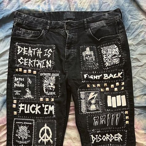 Silas on Instagram: "More custom jeans. Dm me or follow the link in my bio for requests and custom orders. ☠️⛓️☠️ #punk #crust #crustpunk #crusty #patchwork #patchedjeans #patch #patches #punkpatches #crustjeans #crustpants #handmade #diy #customjeansjacket #customjeans #mst #dbeat" How To Add Patches To Jeans, Crust Patch Ideas, Patch Shorts Punk, Patch Jeans Punk, Crust Punk Diy, Crust Pants Patch Ideas, Crust Patches, Crust Shorts, Punk Patch Pants