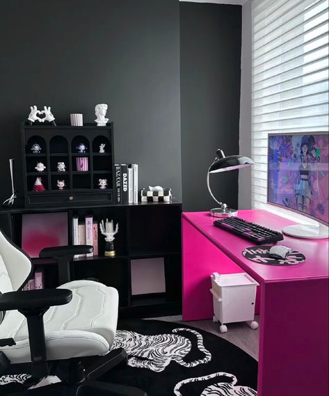 Pink And Black Rooms Aesthetic, Pink Black Office, Room Inspo Pink And Black, Pink And Black Themed Room, Room Decor Black And Pink, Hot Pink Desk, Pink And Black Room, Black And Pink Room, Pink And Black Room Aesthetic