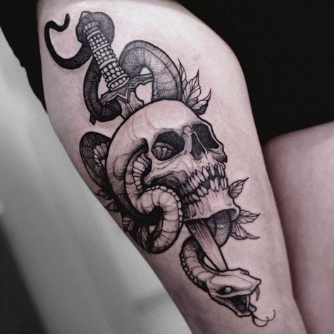 Tattoo uploaded by Tessa Von | 19:56 pm, Jun 23rd 2020 | 1397715 Knife And Rose Tattoo, Baby Owl Tattoos, Back Tattoos For Guys Upper, Skull Thigh Tattoos, Tattoo Dublin, Skull And Snake, Knife Tattoo, Snake Tattoo Design, Inspiration Tattoos