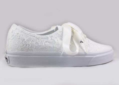 White Vans Wedding, Custom Vans Sneakers With White Sole Lace-up, Wedding Vans Shoes, Vans Custom Lace-up Sneakers With White Sole, White Lace-up Synthetic Canvas Shoes, White Lace Wedding Vans, Vans Wedding Shoes, Bridal Vans, White Lace-up Sneakers With Appliques