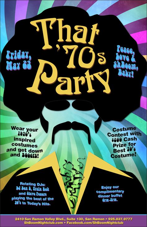 This is a flyer that we have created for ShBoom Nightclub. The theme of this event is "That 70's Party". The designer had the idea of using a Afro Disco man and also using "That 70's show" Font for the header. Far Out right! LunaGraphica | www.lunagraphica.com That 70s Show Party Theme, That 70s Show Party, Afro Disco, Disco Theme Parties, 70s Birthday, 70s Party Theme, 70s Theme Party, Decade Party, 70's Party