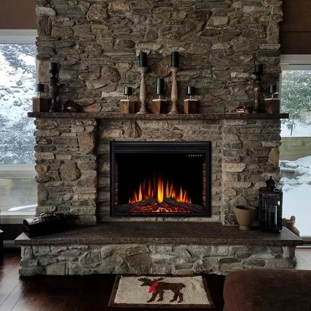 S Wall Mounted Electric Fireplace, Mounted Electric Fireplace, Recessed Electric Fireplace, Cabin Fireplace, Fireplace Shelves, Rock Fireplaces, Farmhouse Fireplace, Rustic Fireplaces, Electric Fireplace Insert