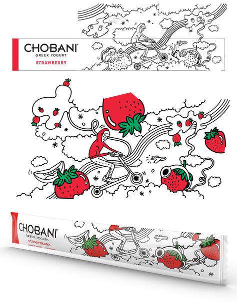 Chobani has released a line of kids greek yogurt. With the intent of getting kids excited about yogurt, they’ve teamed up with Hyesu Lee to create a vibrant narrative. The “Keith Haring” style illustration takes you on an adventure through wild twists and turns exploring the surreal spaces each character is lunged into. The black and white line drawing bursts with accents of color complementing the Chobani logo, tying the whole design together. Drinking Yogurt Packaging Design, Yogurt Illustration, Amazing Packaging, Dieline Packaging, Chobani Yogurt, Dairy Packaging, Yogurt Packaging, Snacks Packaging, Kids Packaging