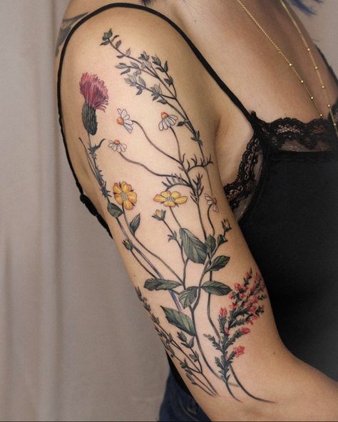 Delicate Flower Sleeve Tattoo, Flower Fairy Tattoo, Tattoo Ideas Colorful, Fireweed Tattoo, Vanessa Core, Botanisches Tattoo, Flower Vine Tattoos, Tatoo Dog, Thistle Tattoo